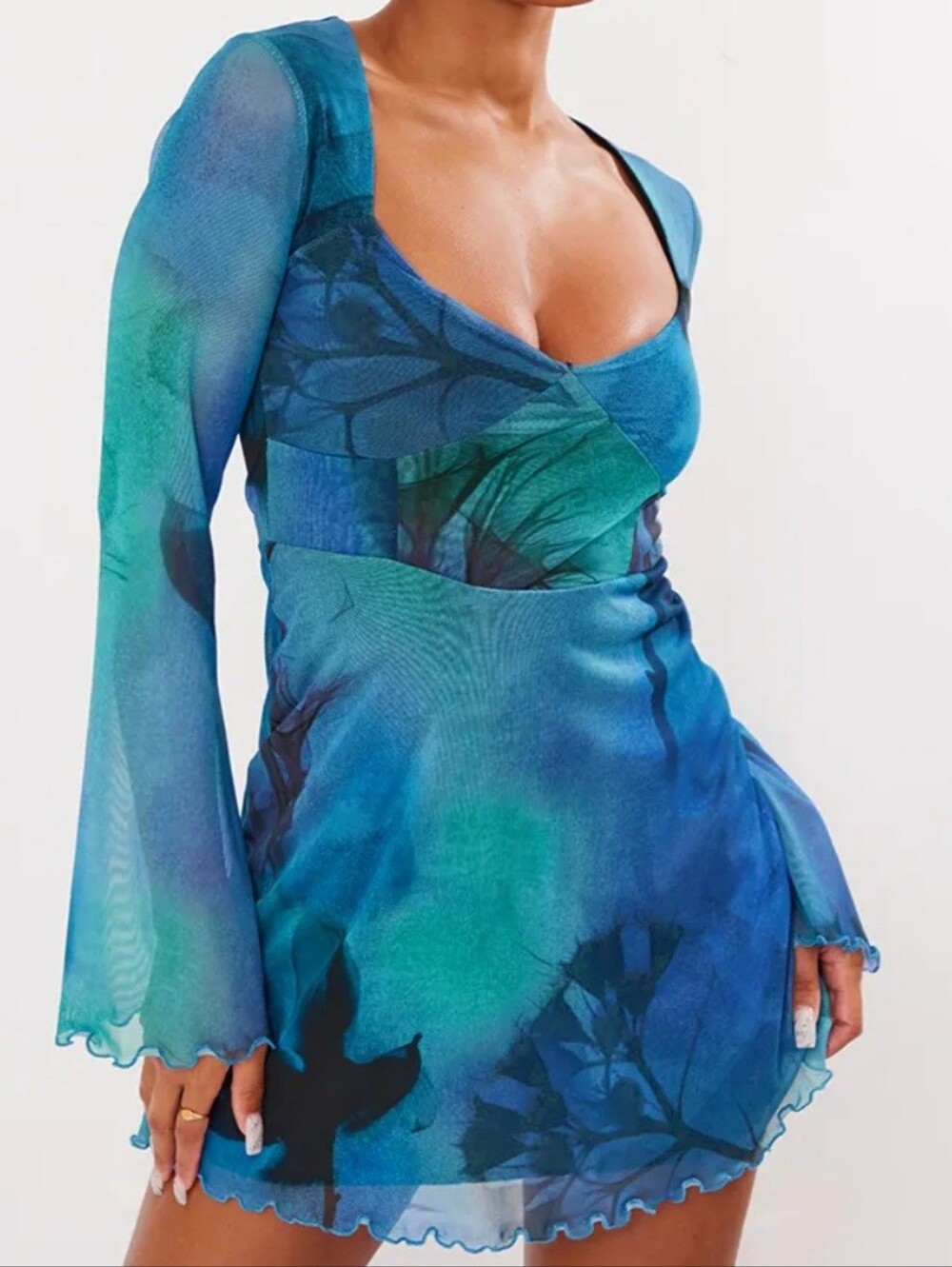 PLT PrettyLittleThing Blue Blur Mini Dress NWT 12 US Mesh Long Sleeve Trendy